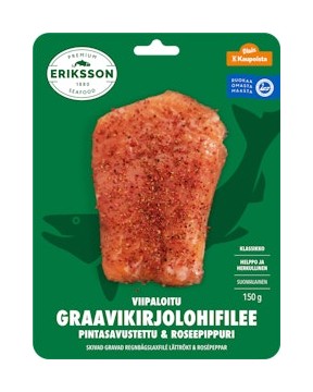 Eriksson Premium Seafood graavikirjolohifilee pintasavustettu&rosépippuri viipaloit suomalainen tarjous